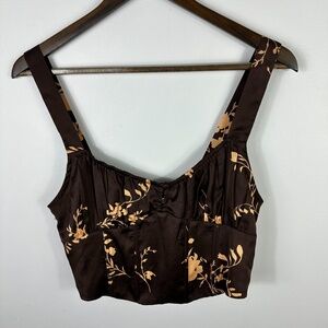 Isalis Corset Crop Top Womens Large‎ Brown Floral Satin Sleeveless Zipper Back